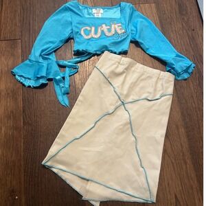 Vintage/Y2K Magic Kids USA Girls 2 Piece Set Blue Cutie Crop Top Beige Skirt